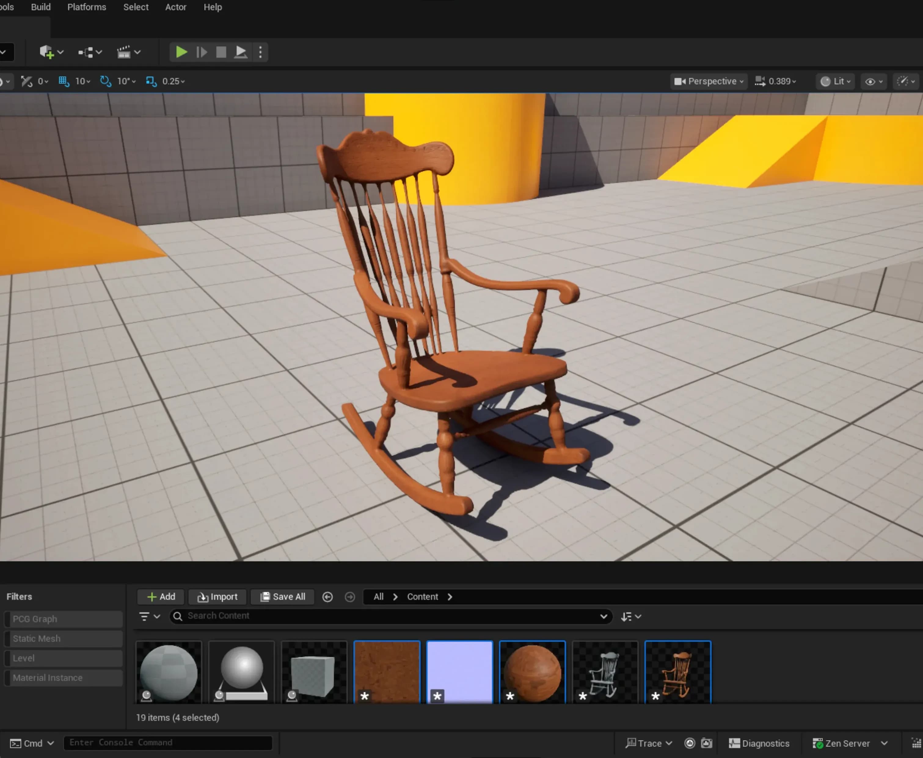 3D chair model generated by Meshy AI in Unreal Engine viewport