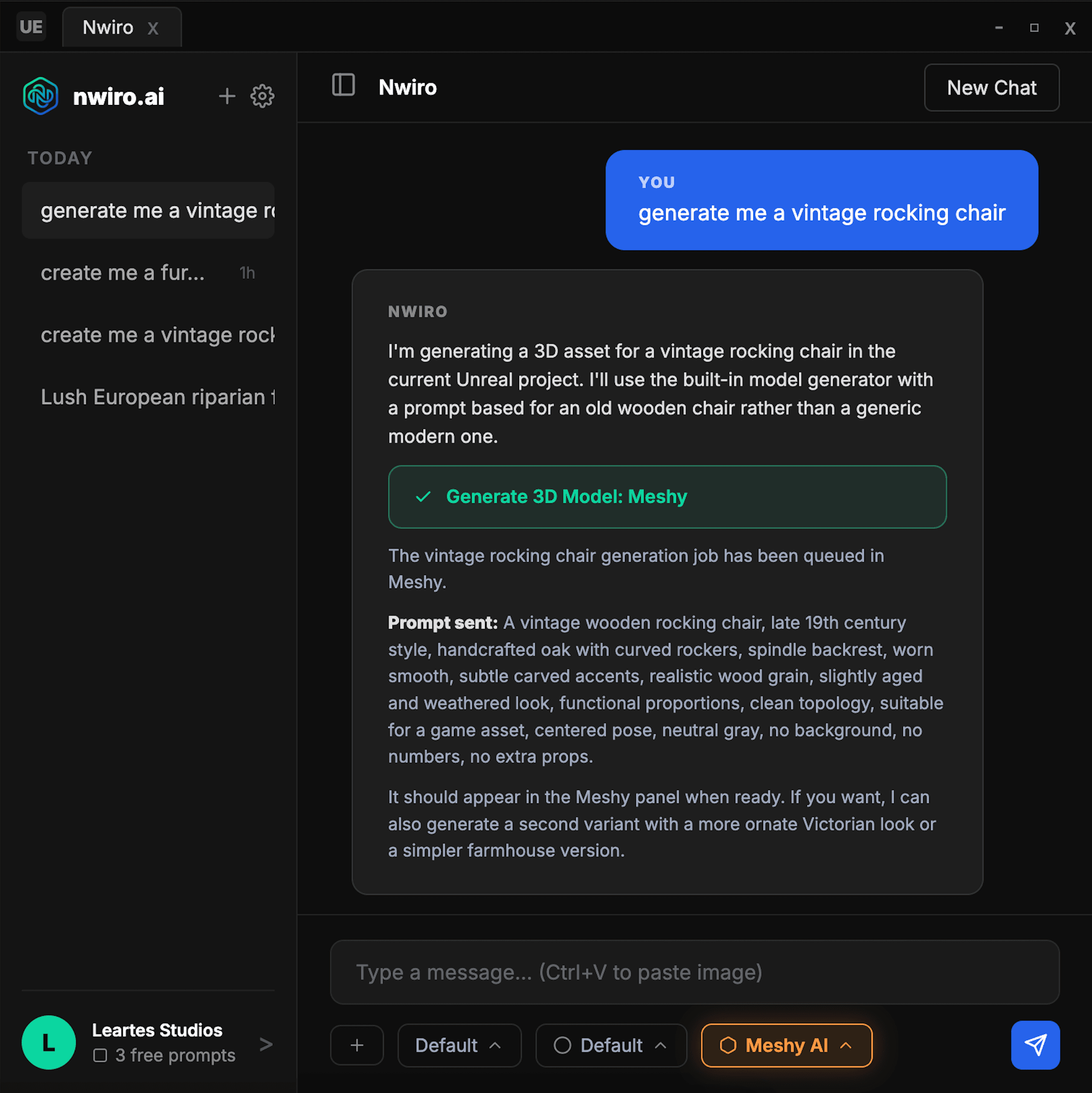 Nwiro chat interface generating a 3D model with Meshy AI
