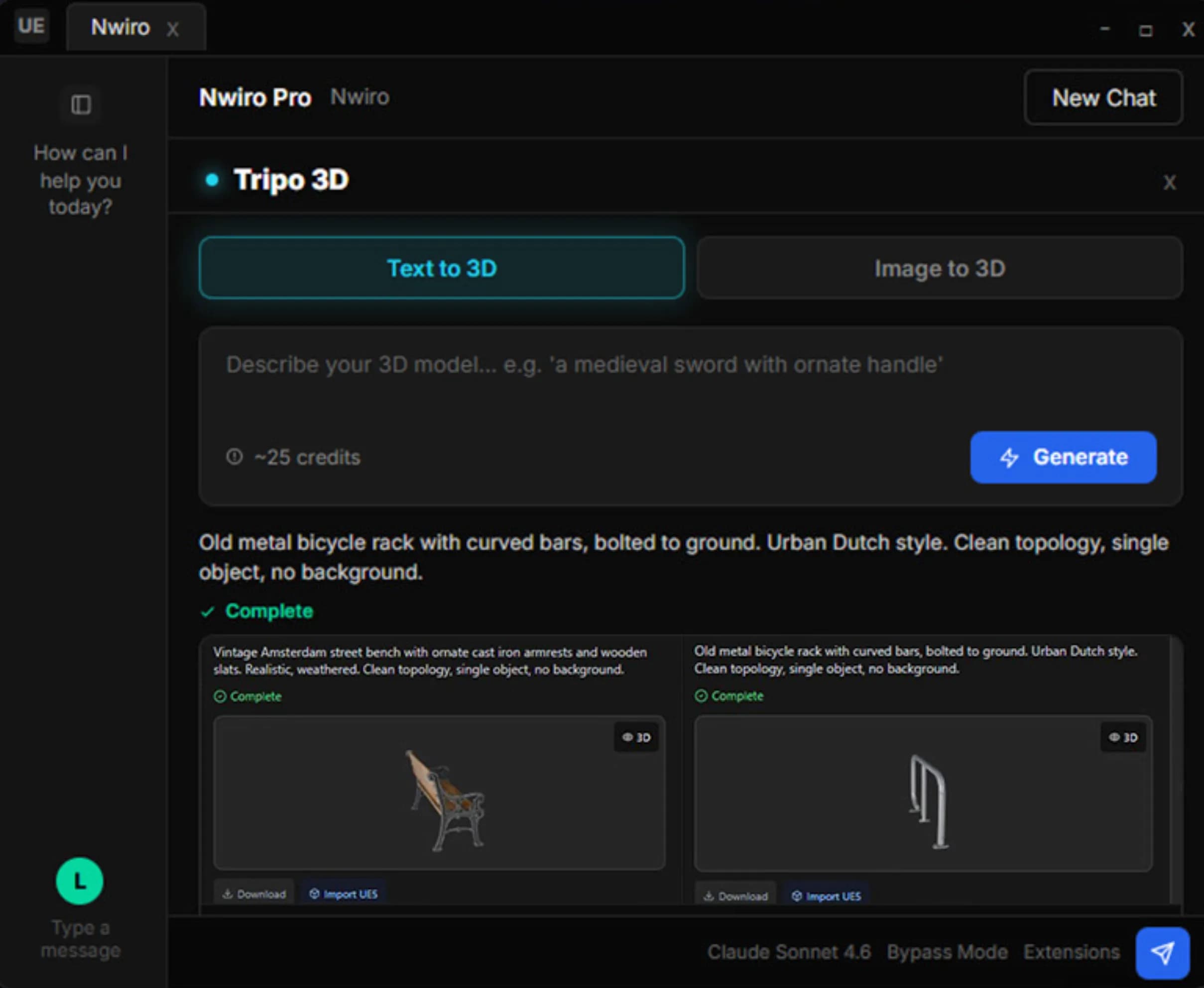 Nwiro chat interface generating a 3D model with Meshy AI