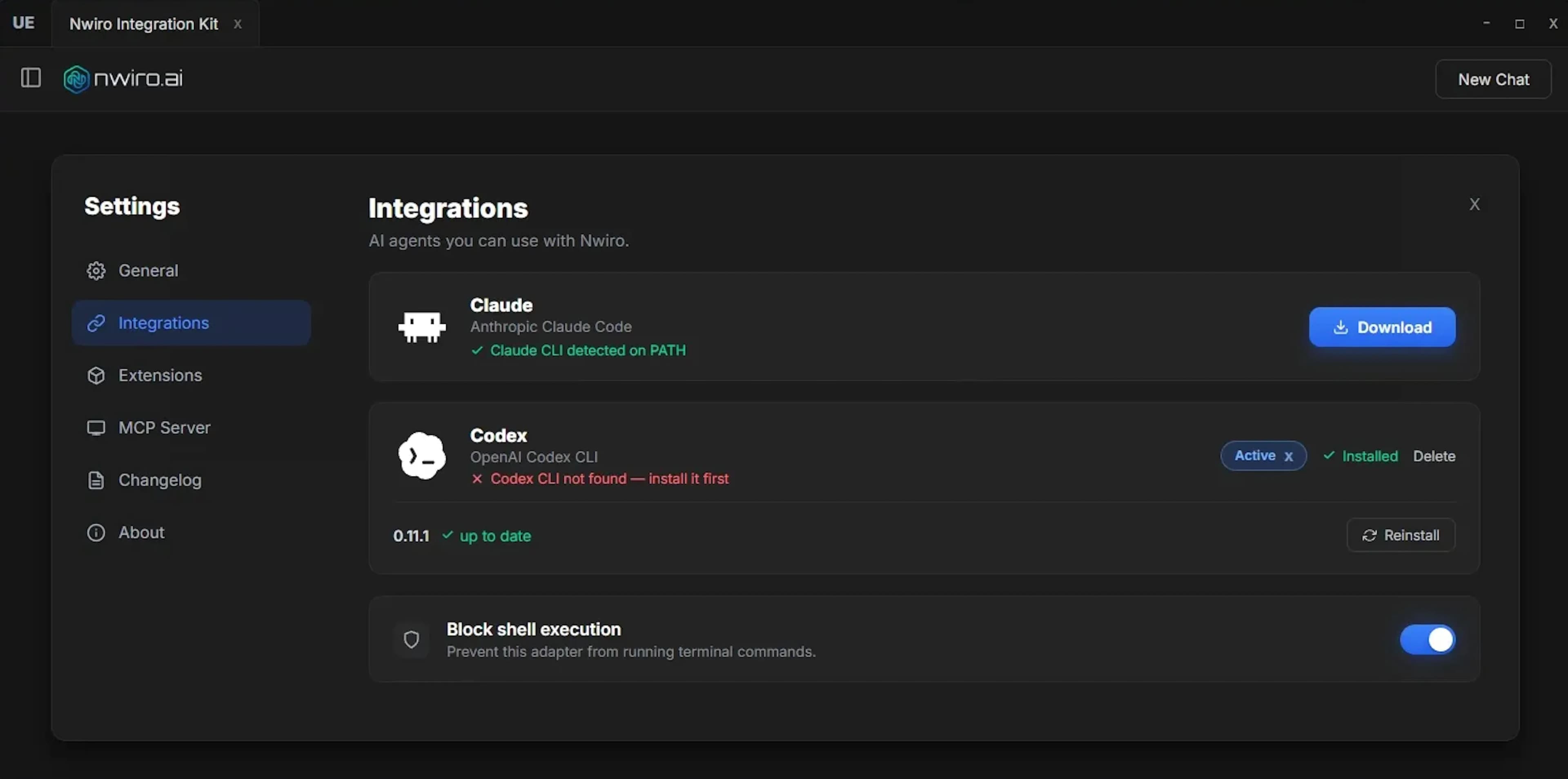Nwiro AI plugin settings screen showing Claude CLI and Codex CLI integration options